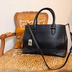 Lauren Ralph Lauren RL Black Leather Satchel Crossbody Tote Bag
